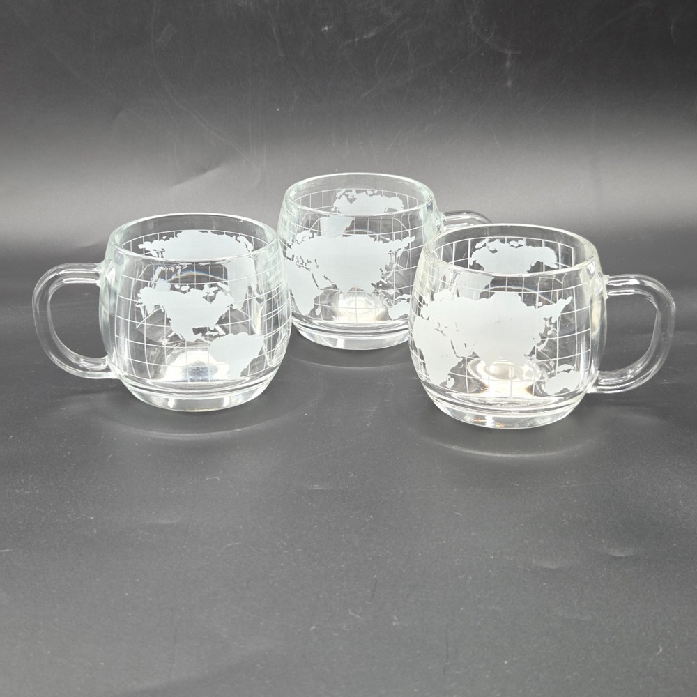 Vintage Nestle Etched Clear Glass World Globe Map COFFEE MUGS - Set Of 3
